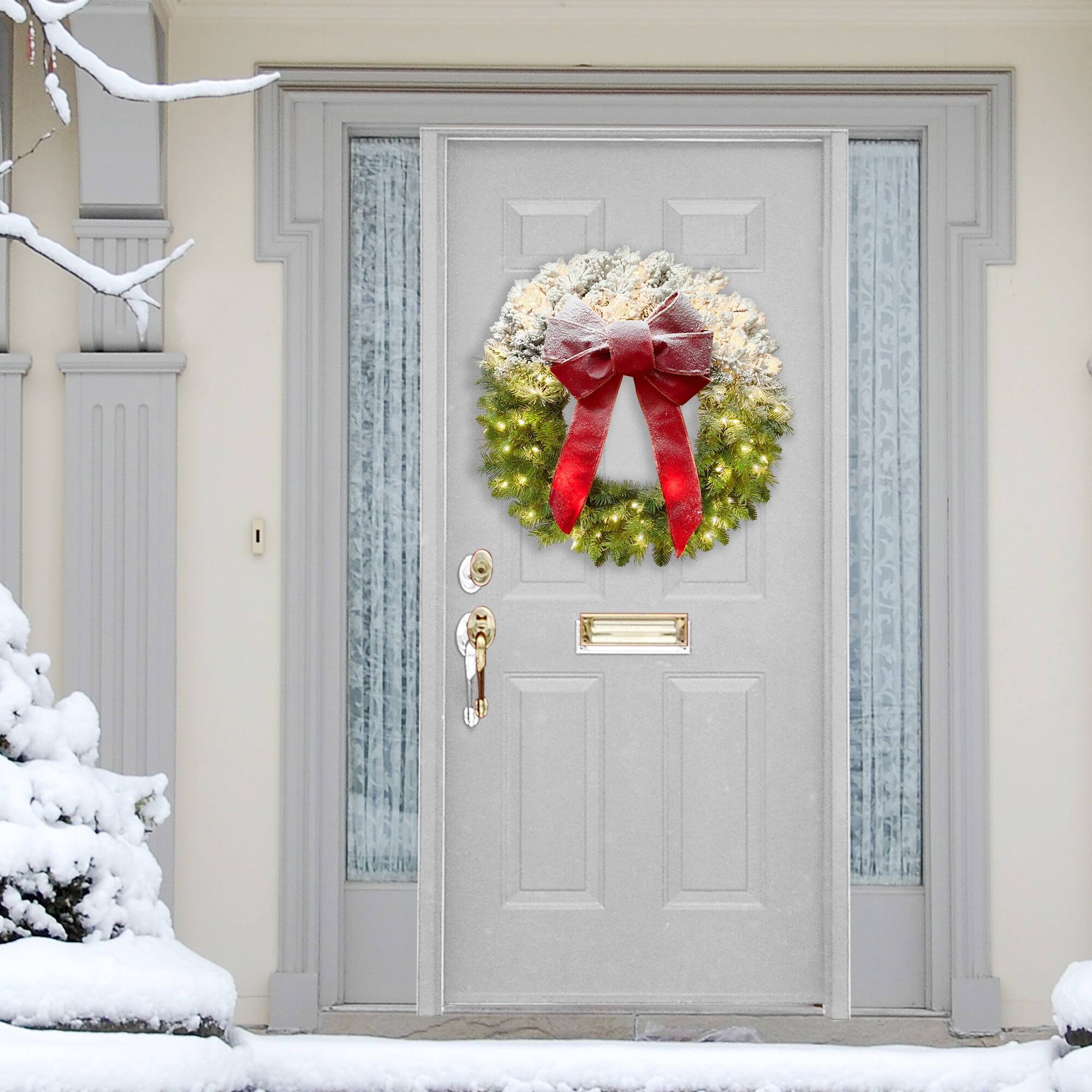 6 Pack: 30" Pre-Lit Half-Flocked Pine & Red Ribbon Wreath
